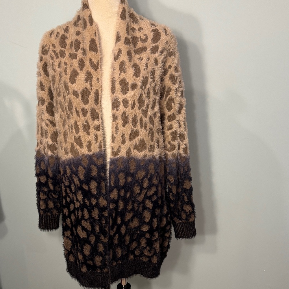Kori American Leopard Print eyelash Open Front Sweater Cardigan Size S/M